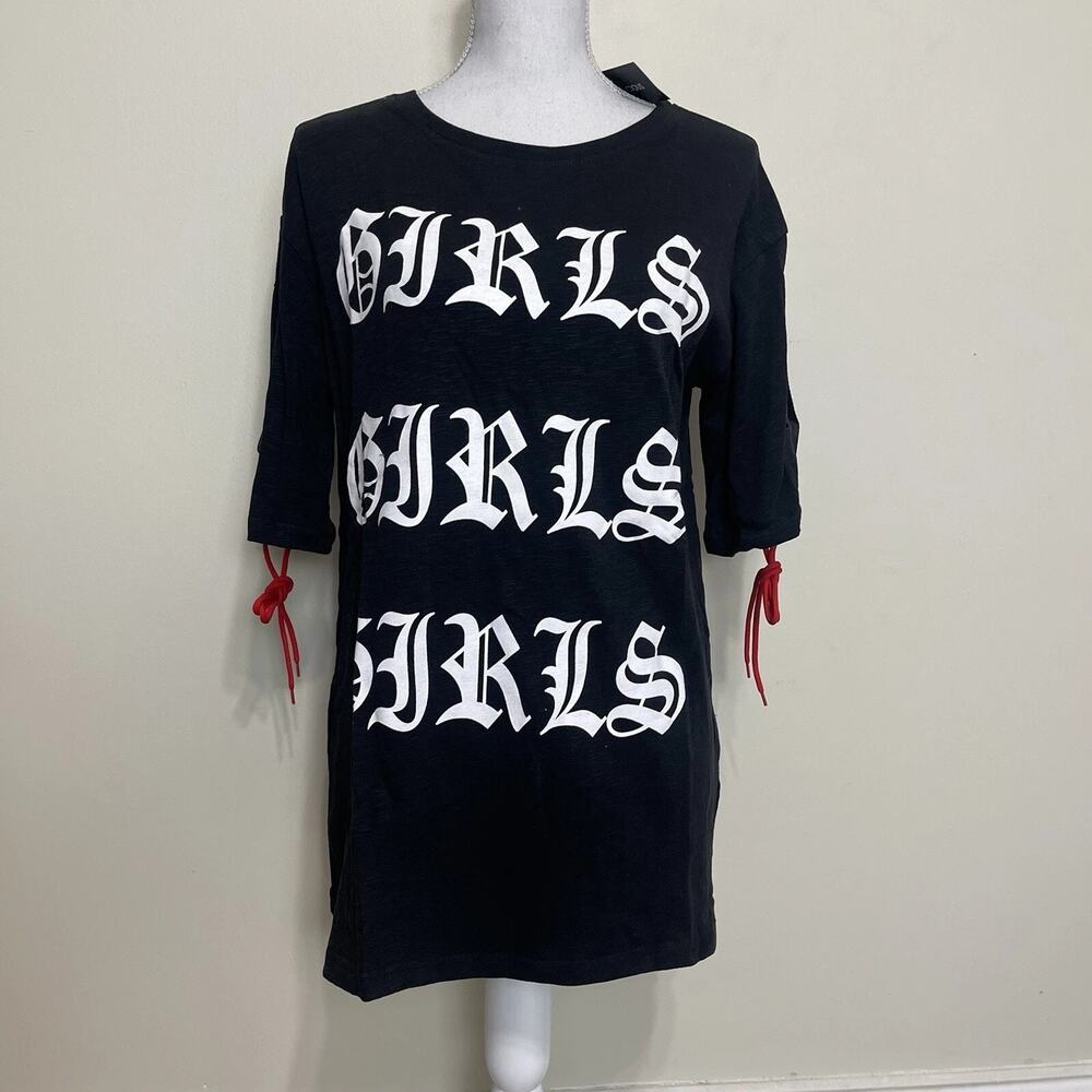 Hot & Delicious‎ Long Top Black T-Shirt Short Sleeves Rope Gothic Print GIRS Sml